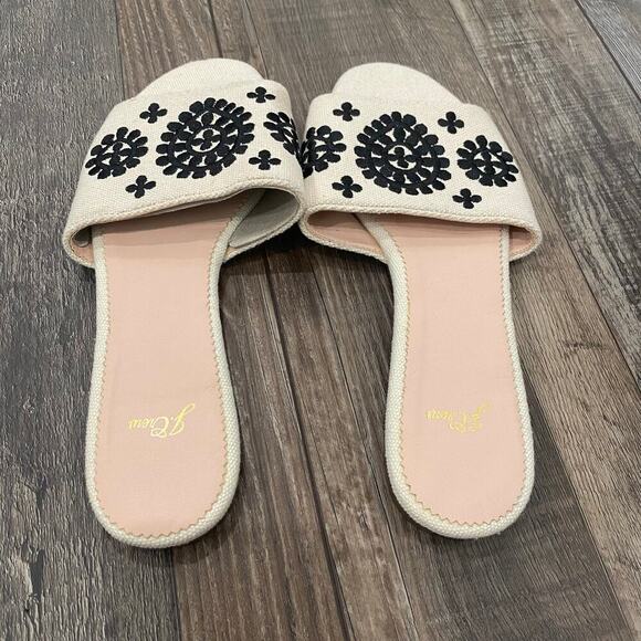 NWT J. Crew Cream & Black Floral Embroidered Slide Sandals Size 8 Summer Linen - Picture 5 of 7